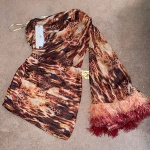 Bronx and Banco Fire-Print One-Shoulder Feather Cuff Dress.